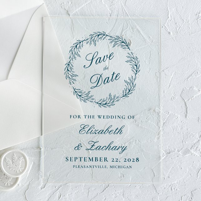 Monogram Teal Blue Wreath Wedding Save the Date (Creator Uploaded)