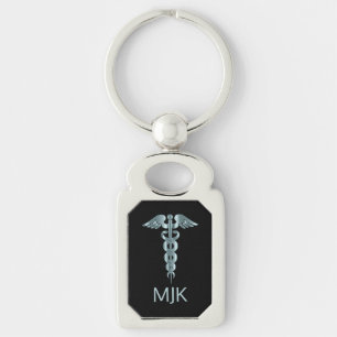 Monogram Teal Caduceus Keychain