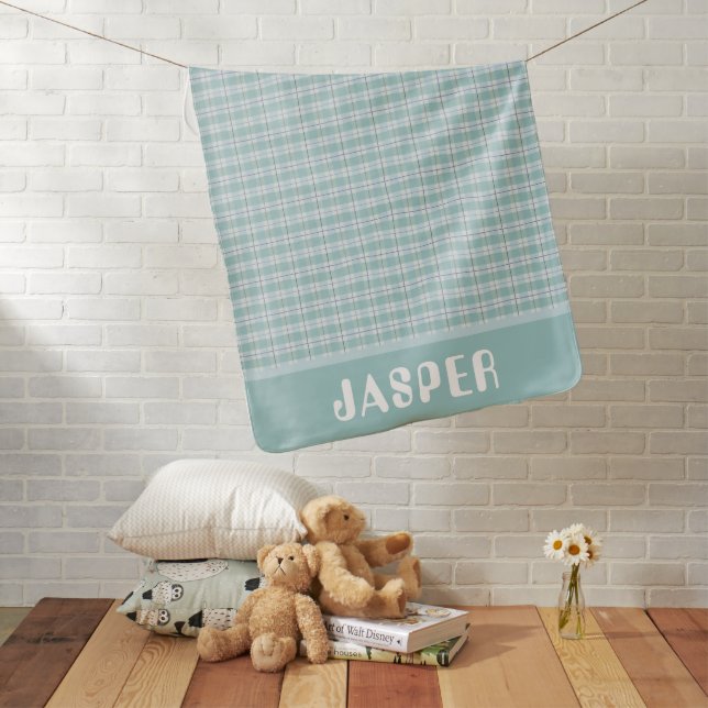 Monogram Teal Country Plaid Baby Nursery Boys Baby Blanket (In Situ)