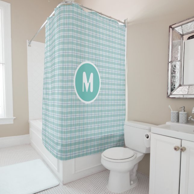 Monogram Teal Country Plaid Baby Nursery Shower Curtain (In Situ)