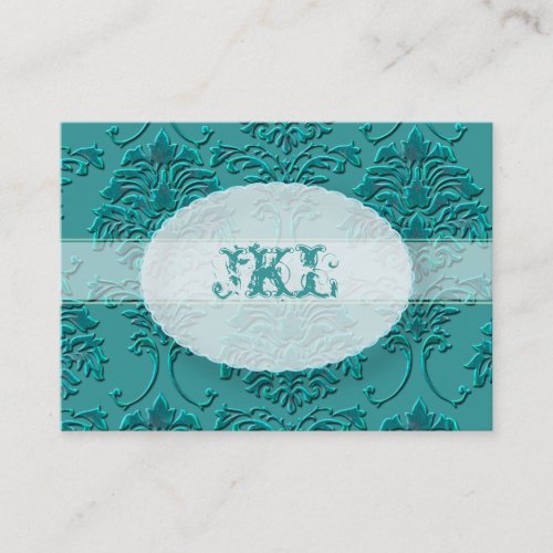 Monogram, teal damask chubby card business card template