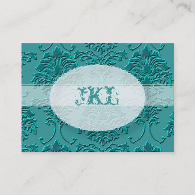 Monogram, teal damask chubby card (Front)