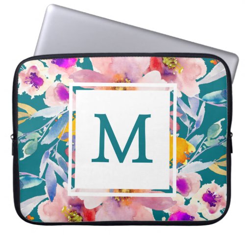 Monogram Teal Floral Modern Elegant Laptop Sleeve