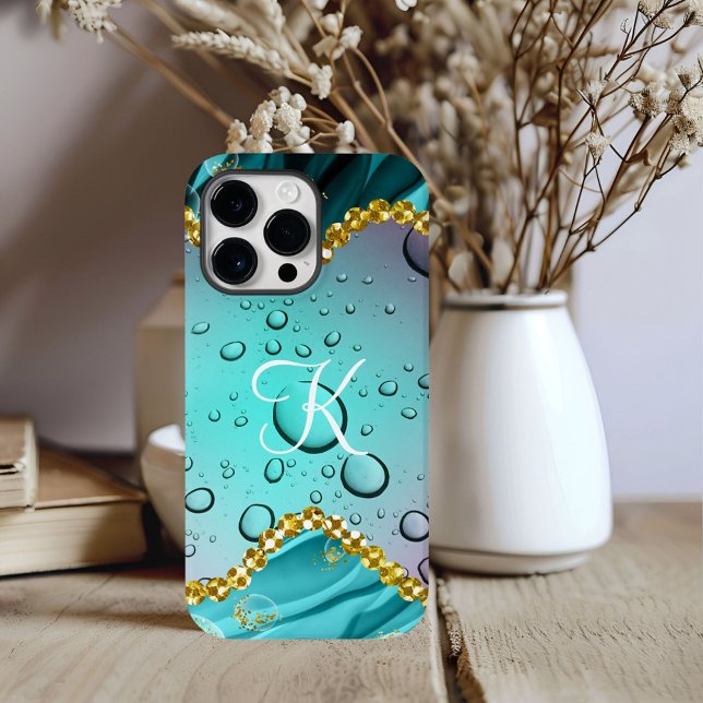 Monogram Teal Foil Gold Trim Fantasy Raindrops Case-Mate iPhone Case (Creator Uploaded)