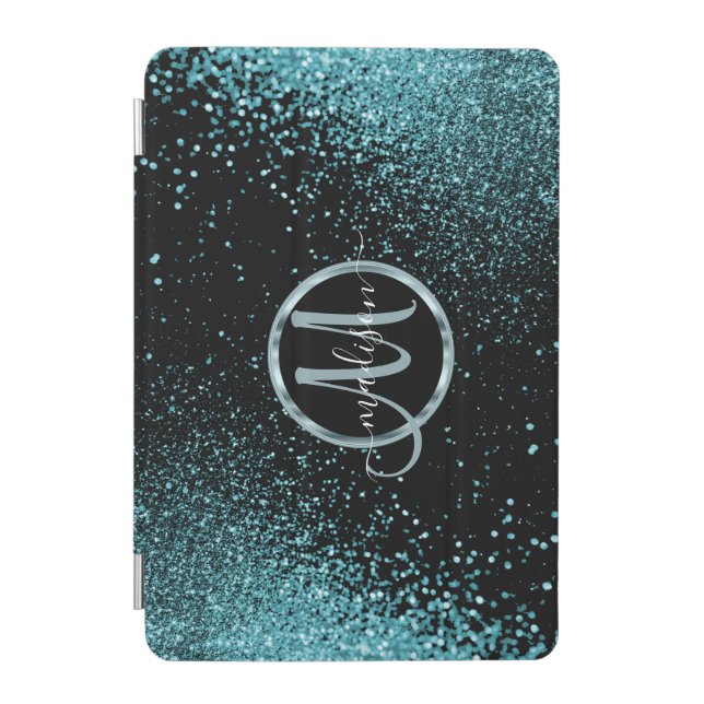 Monogram Teal Glitter and Black iPad Mini Cover (Front)