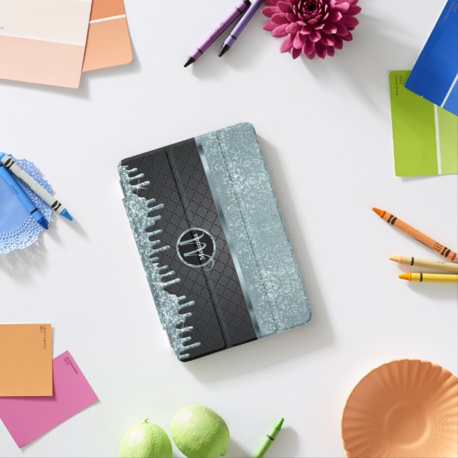 Monogram Teal Glitter Drip and Black iPad Mini Cover (In Situ)