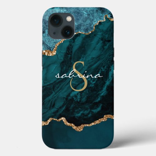 Monogram Teal Gold Agate Geode iPhone 13 Case