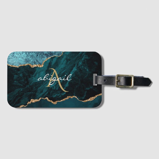 Monogram Teal Gold Agate Geode Luggage Tag (Front Horizontal)