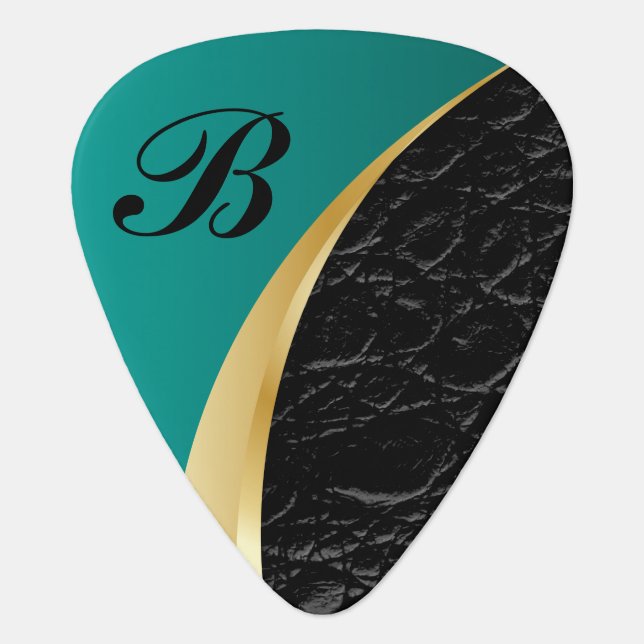 Monogram Teal, Gold and Black Leather Guitar Pick (Front)