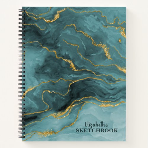 Monogram Teal Gold Marble Agate Artist Sketchbook Notebook