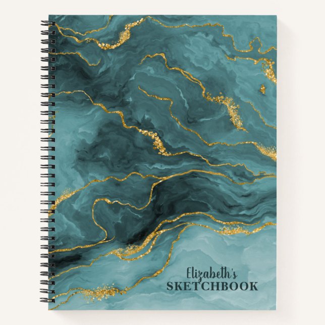 Monogram Teal Gold Marble Agate Artist Sketchbook Notebook (Front)