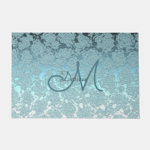 Monogram Teal Green Floral Modern Classy Doormat