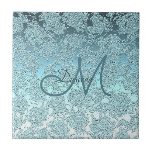 Monogram Teal Green Script Modern Elegant Floral Ceramic Tile