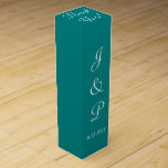 Monogram Teal Green Wedding Wine Box<br><div class="desc">Pretty teal green solid background with white text wedding wine favor boxes for your reception guests. Use for wine or champagne bottles tucked inside, or for anniversary or other special occasions. Personalize with the Bride and Groom's Monogrammed Initials and Wedding Date in elegant white script. Top of box has the...</div>