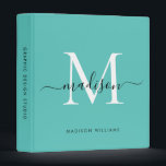 Monogram Teal Green White Script Office School 3 Ring Binder<br><div class="desc">Elegant Monogram Teal Green Black White Script Name Home Office Professional Work Back to School Recipe 3 ring binder</div>