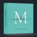 Monogram Teal Green White Script Office School 3 Ring Binder<br><div class="desc">Elegant Monogram Teal Green Black White Script Name Home Office Professional Work Back to School Recipe 3 ring binder</div>