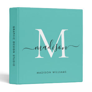 Monogram Teal Green White Script Office School 3 Ring Binder