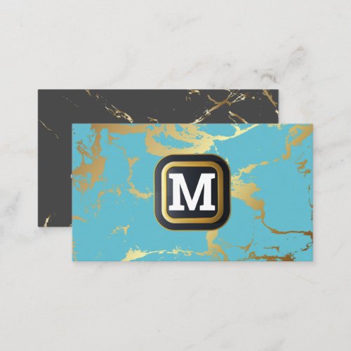 Monogram  Teal Grey Gold Marble Business Card