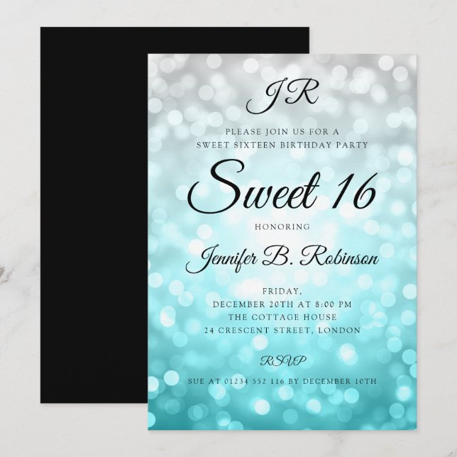 Monogram Teal Ombre Lights Sweet 16 Birthday Invitation (Front/Back)