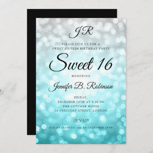 Monogram Teal Ombre Lights Sweet 16 Birthday Invitation