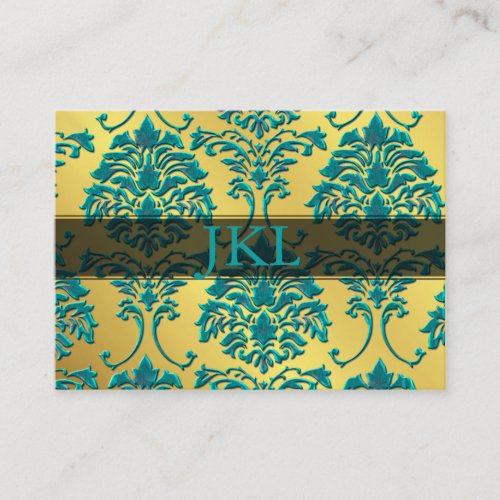 Monogram, teal on gold tone damask chubby card business card templates