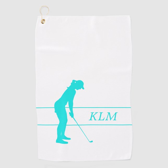 Monogram Teal on White Woman Silhouette Golfer Golf Towel (Front)
