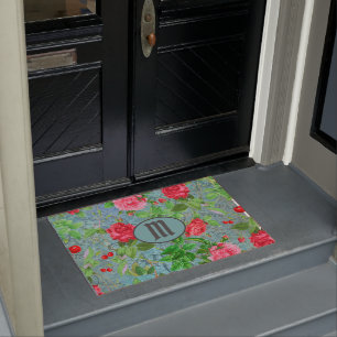 Monogram Teal Paris Watercolor Flowers Door Mat