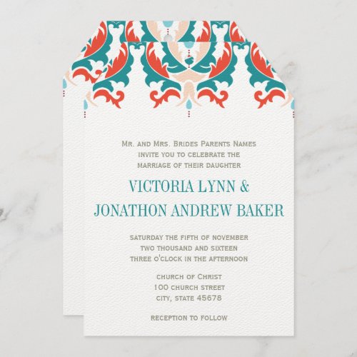 Monogram Teal Peach Red Orange Wedding Invitation