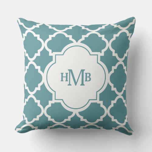 Monogram Teal Quatrefoil Pattern Throw Pillow