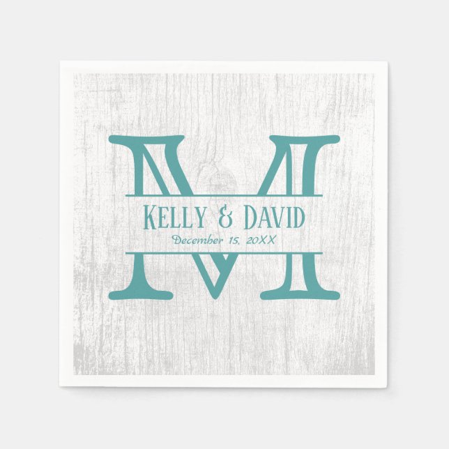 Monogram Teal Rustic Barn Wood Elegant Wedding Paper Napkins (Front)