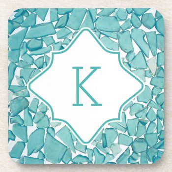 Monogram Teal Sea Glass Nautical Print Coasters by KnotPaperStitch at Zazzle