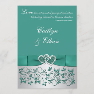 Monogram Teal, Silver Floral Wedding Invitation