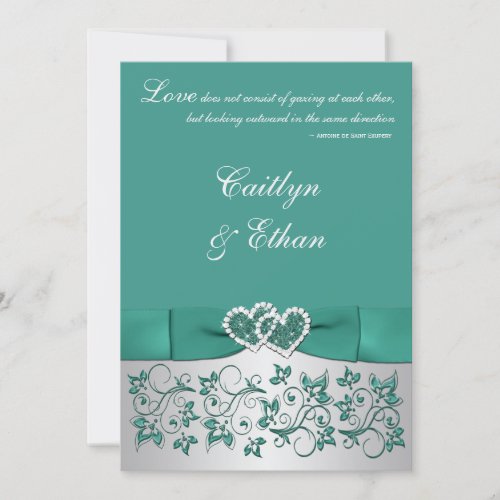 Monogram Teal Silver Floral Wedding Invitation