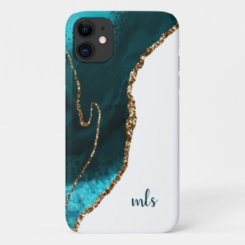 Monogram Teal Silver Glitter Agate Chic Modern iPhone 11 Case