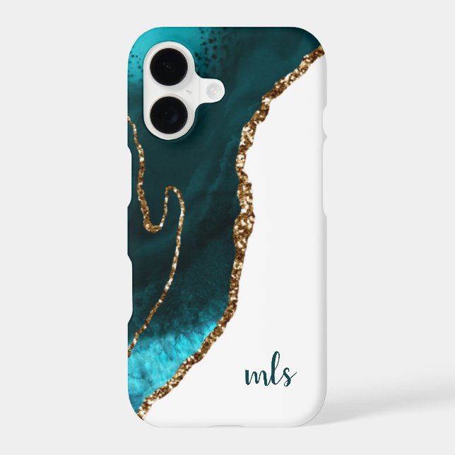 Monogram Teal Silver Glitter Agate Chic Modern Iphone Case (Back)