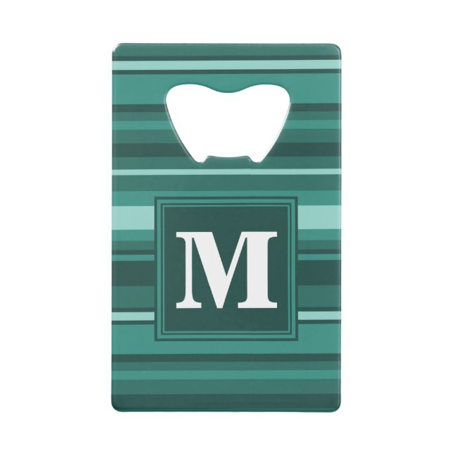 Monogram teal stripes credit card bottle opener (Front)