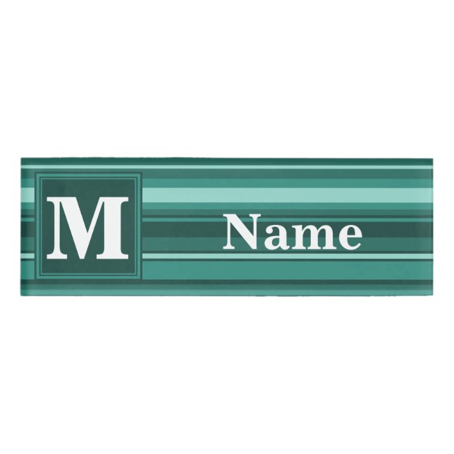 Monogram teal stripes name tag (Front)