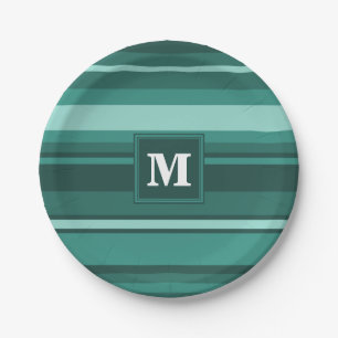 Monogram teal stripes paper plates