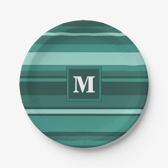 Monogram teal stripes paper plates (Front)