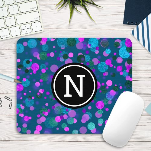 Monogram teal turquoise purple confetti dots bold mouse pad