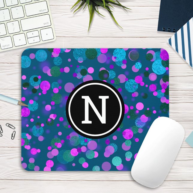 Monogram teal turquoise purple confetti dots bold mouse pad (Creator Uploaded)