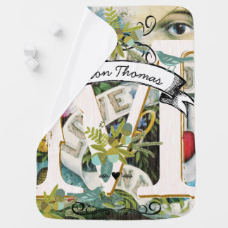 Monogram Teal Vintage Banner Personalized Name Stroller Blanket