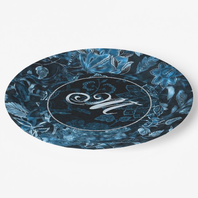 Monogram Teal Vintage Floral Paper Plates (Angled)