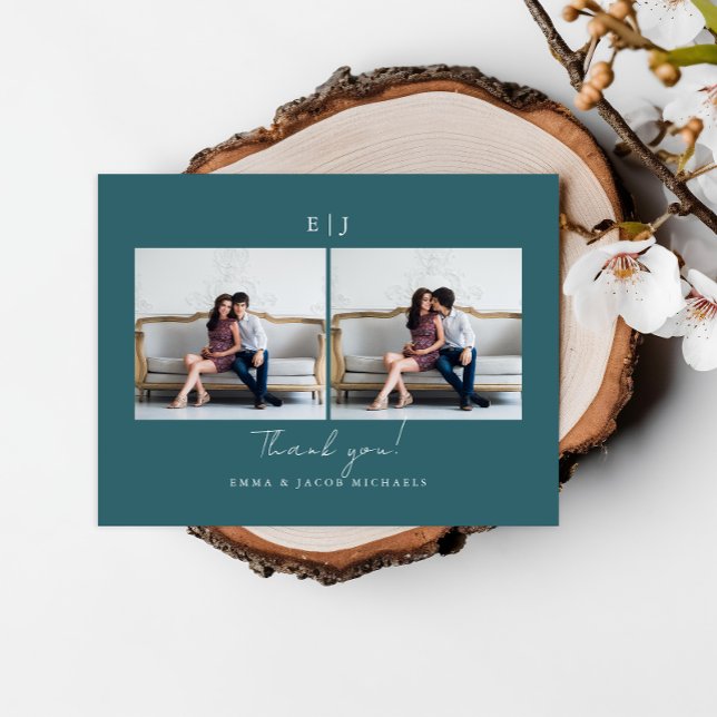 Monogram Teal Wedding Photo Thank You Postcard (Creator Uploaded)