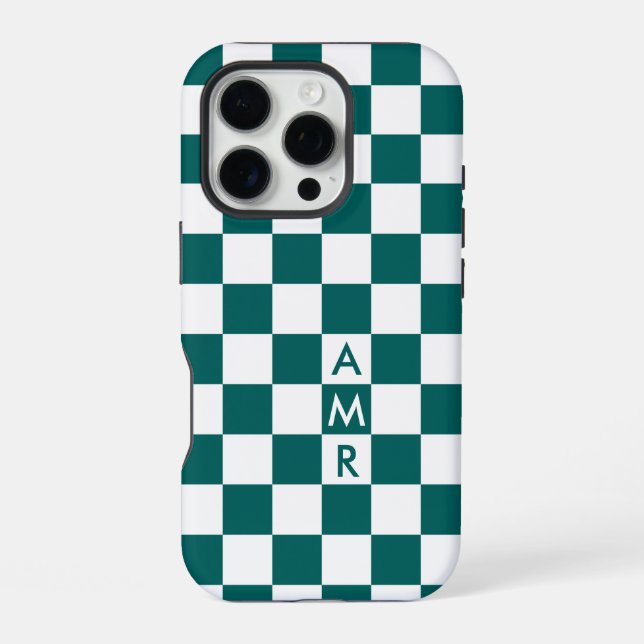 Monogram Teal White Checkered Pattern Iphone Case (Back)