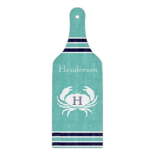 Monogram  Teal White Navy Blue Crab Nautical Cutting Board