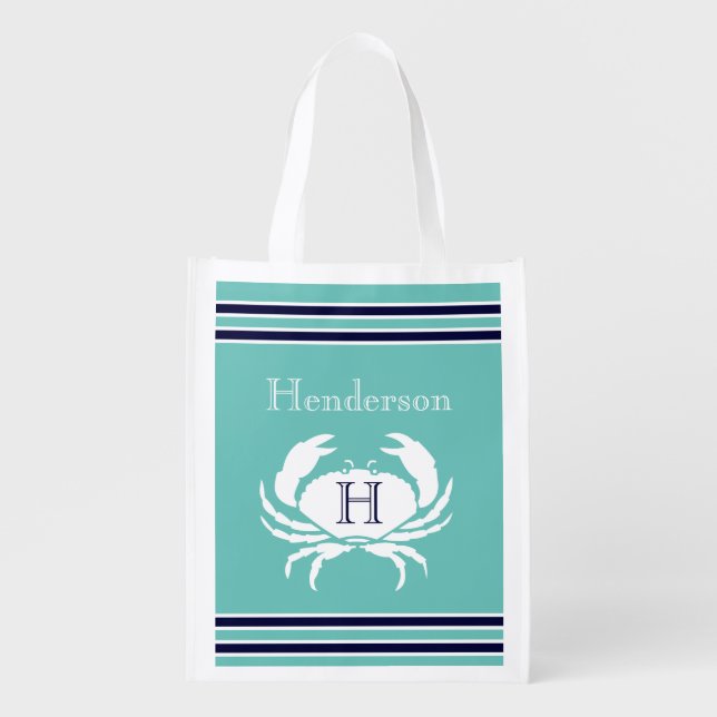 Monogram  Teal White Navy Blue Crab Nautical Grocery Bag (Front)