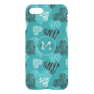 Monogram Teal White Zebra Print Hearts  iPhone SE/8/7 Case