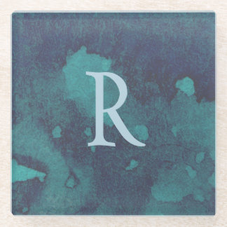 Monogram Template Blue Watercolor Glass Coaster