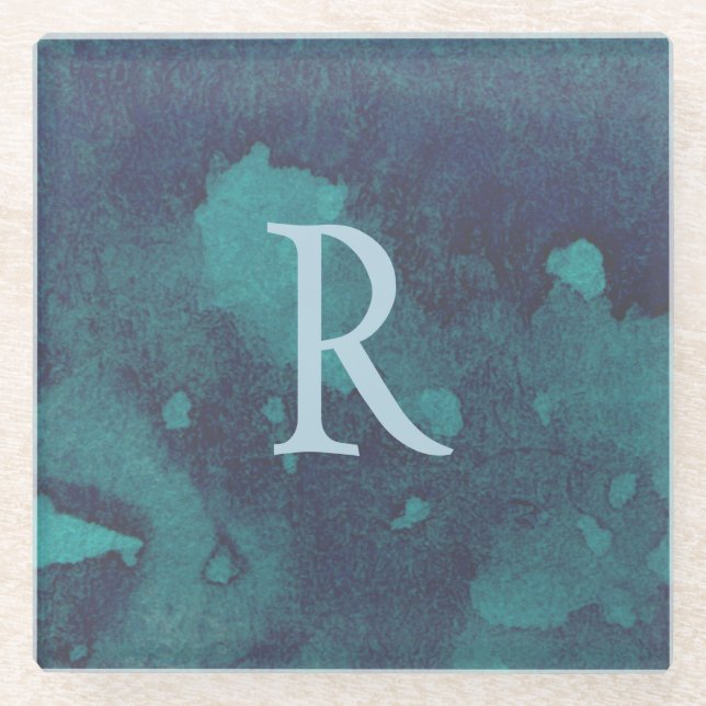 Monogram Template Blue Watercolor Glass Coaster (Front)